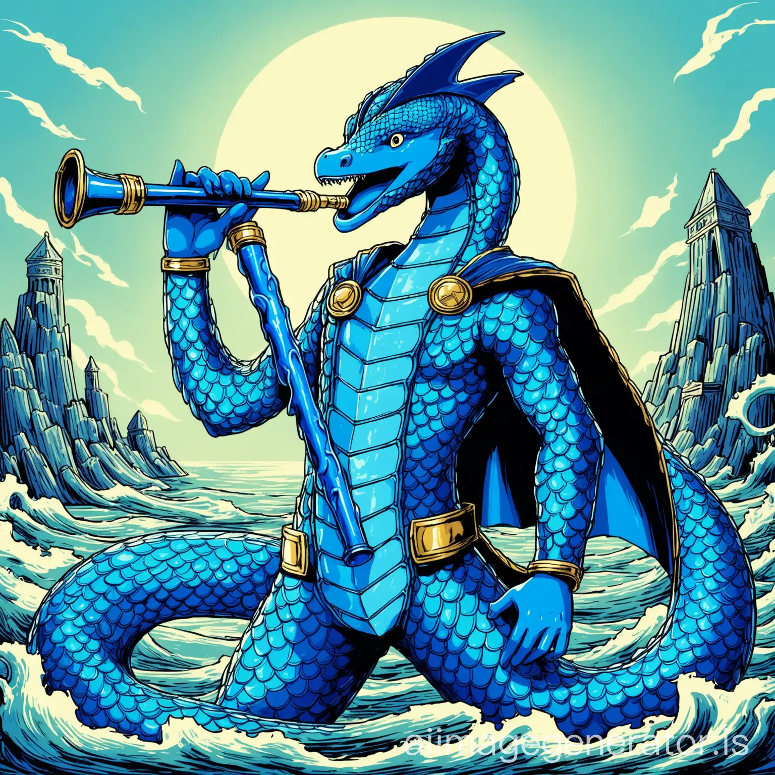 A teenager sea serpent superhero with a pointy head and blue scales all over his body holding a blue flute and a blue hammer
