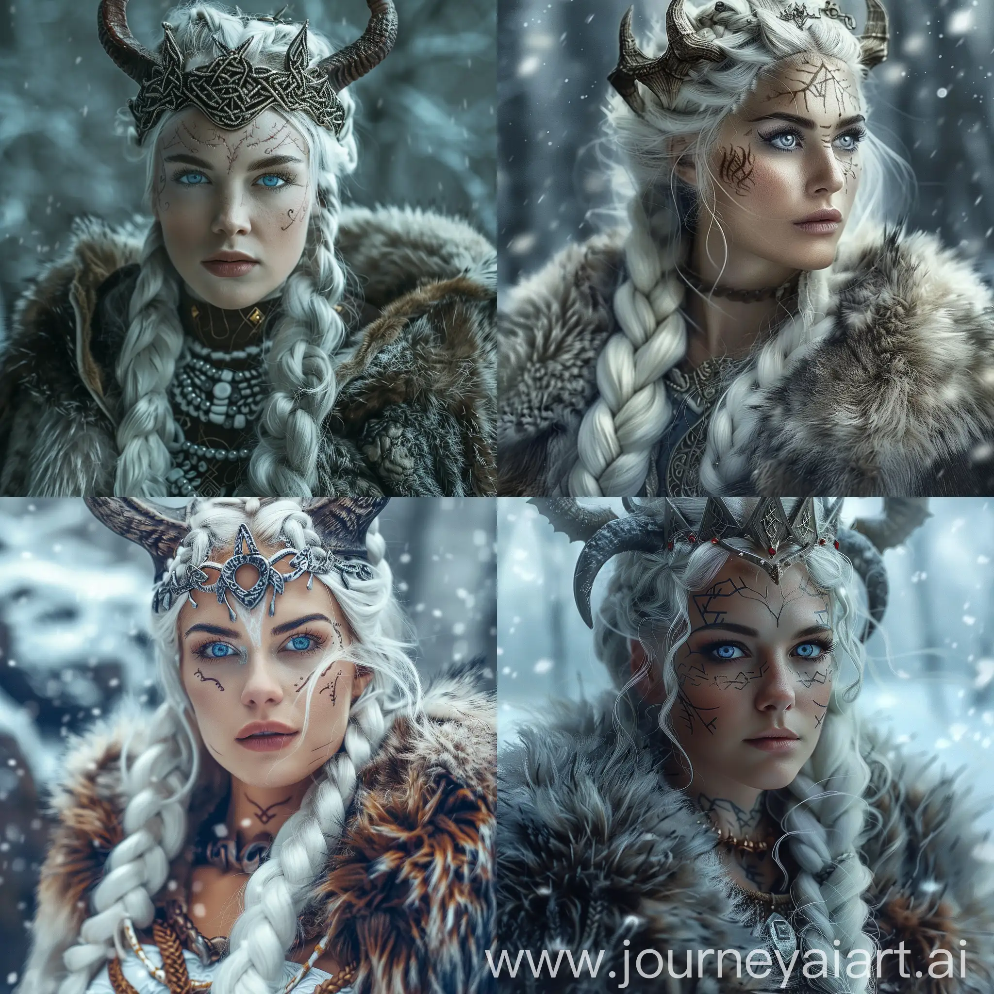 huntress goddess, winter goddess, fur clothes, norse, body marks, beautiful woman, blue eyes, big braid, white hair, crown, horned crown