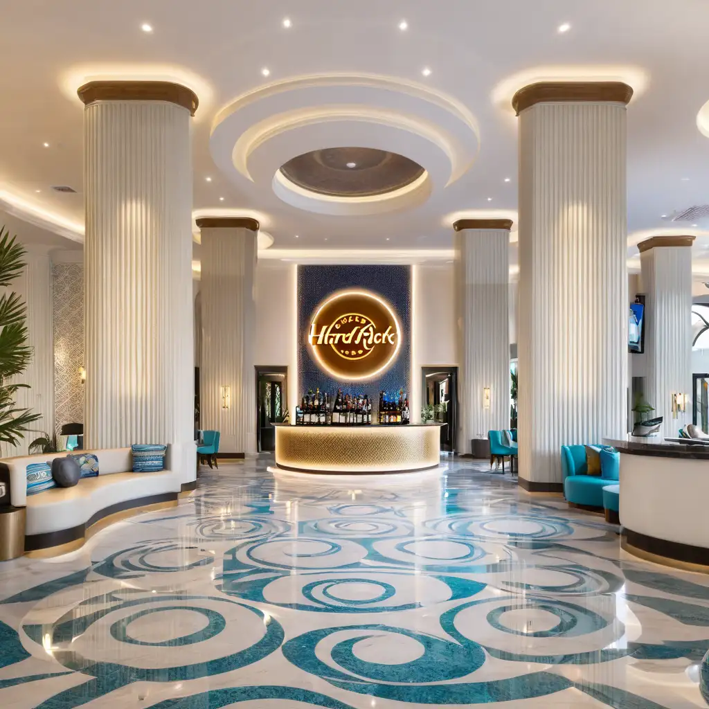 meditteranean themed round hotel lobby bar inspired by Hard Rock Hotel