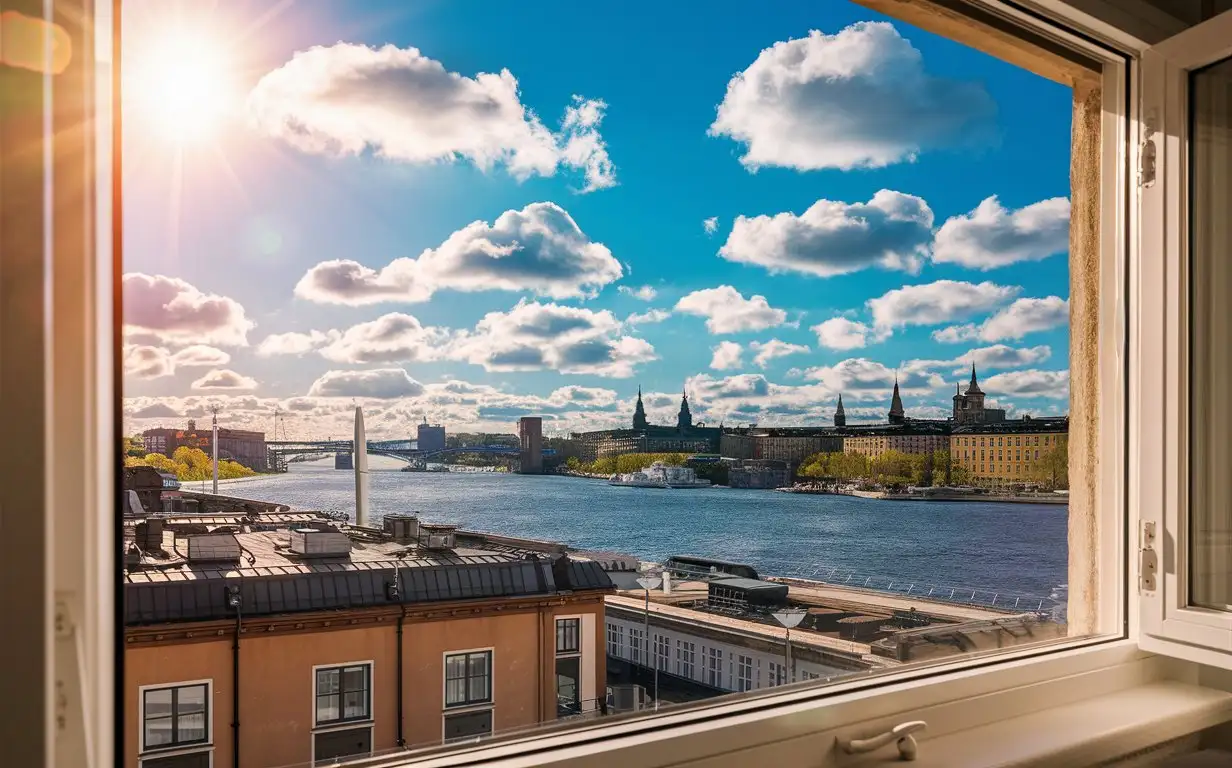 Create a view of out of a window in an apartment, outside can see city of stockholm, happy, lovely weather outside.