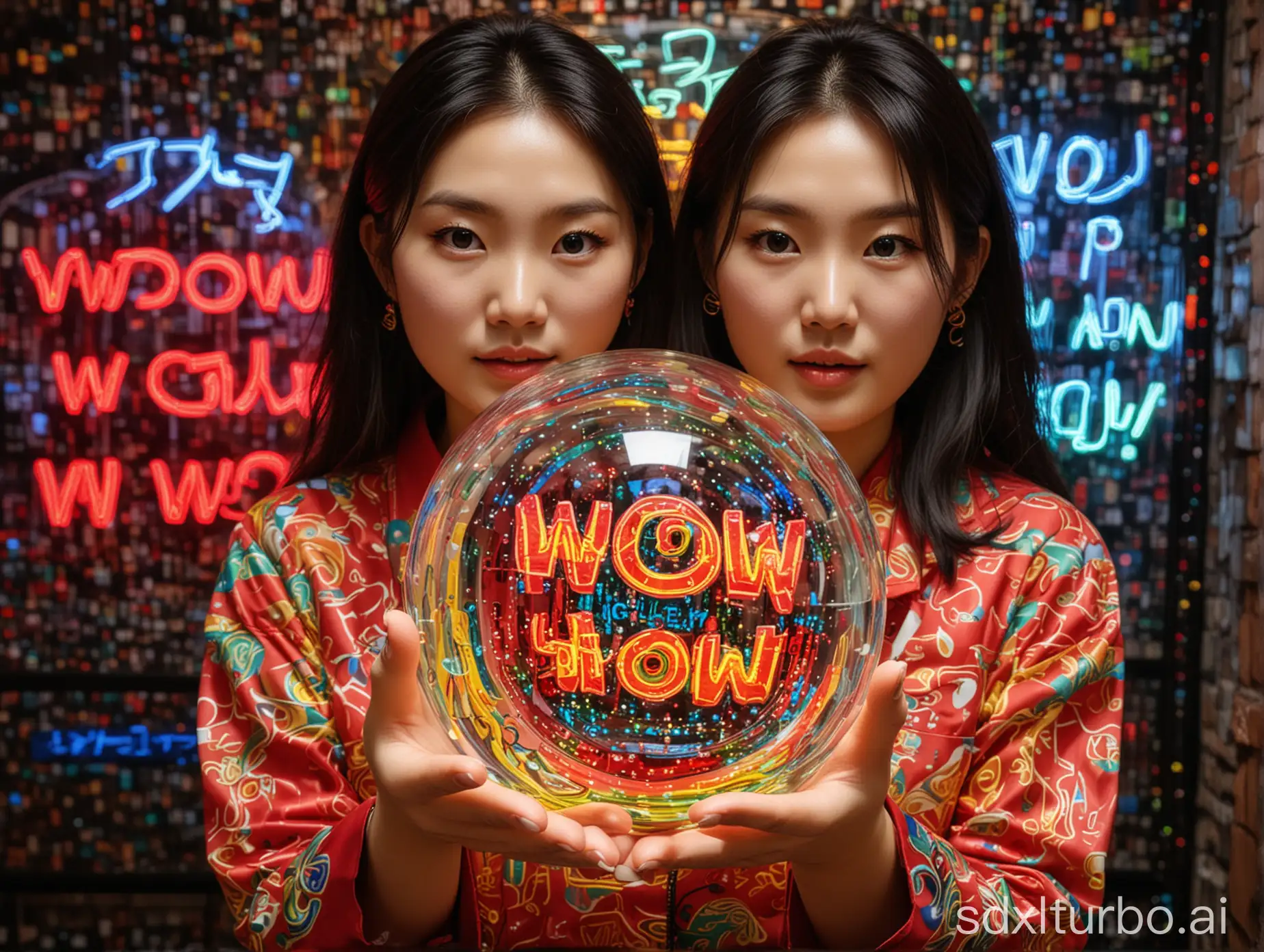 a Korean woman is holding a clear crystal glass ball, inside the glass ball are neon 'wow wow' writings, on the background is a red, yellow, green and blue swirl pattern.