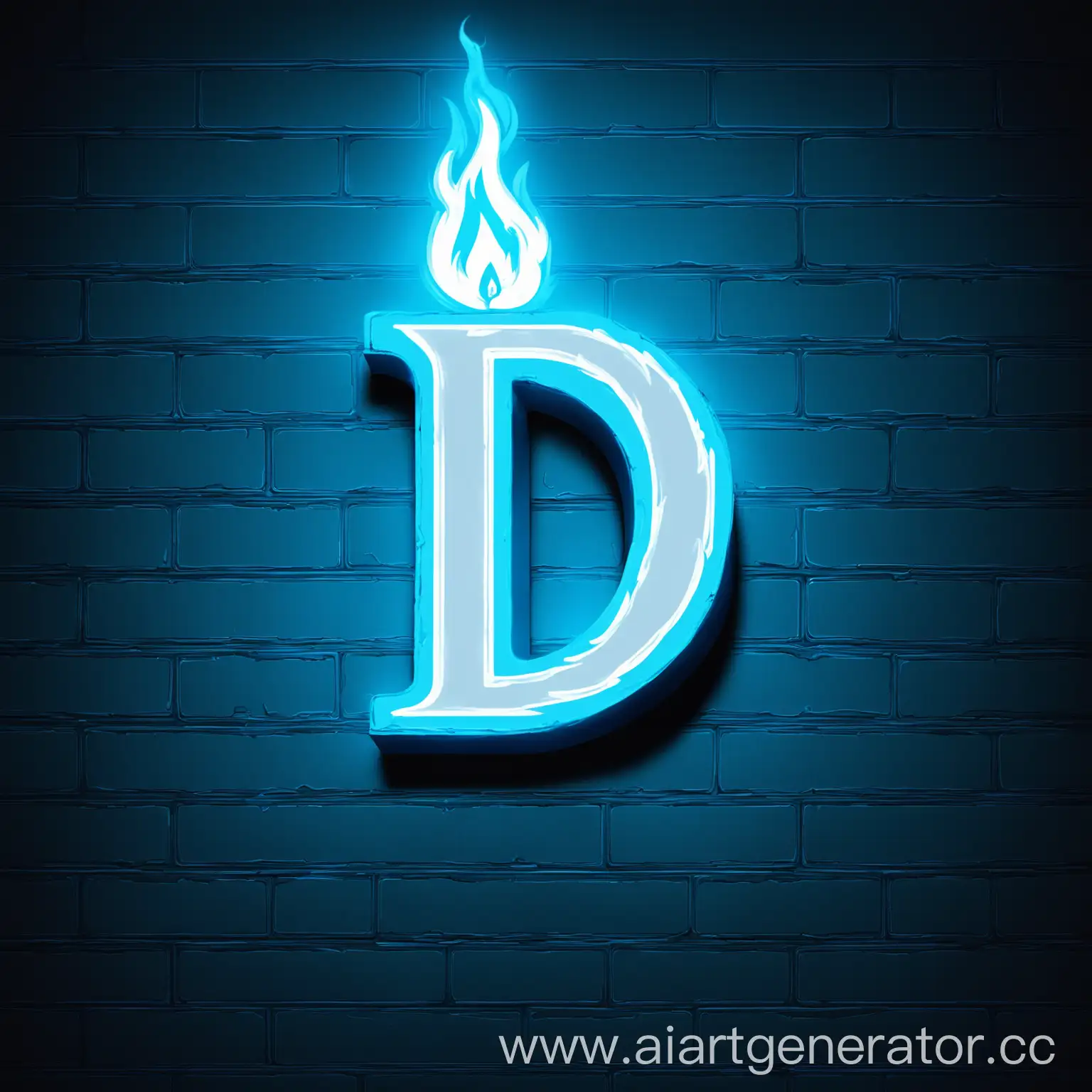 Синяя неоново-белая буква D горящая белым пламенем на стене