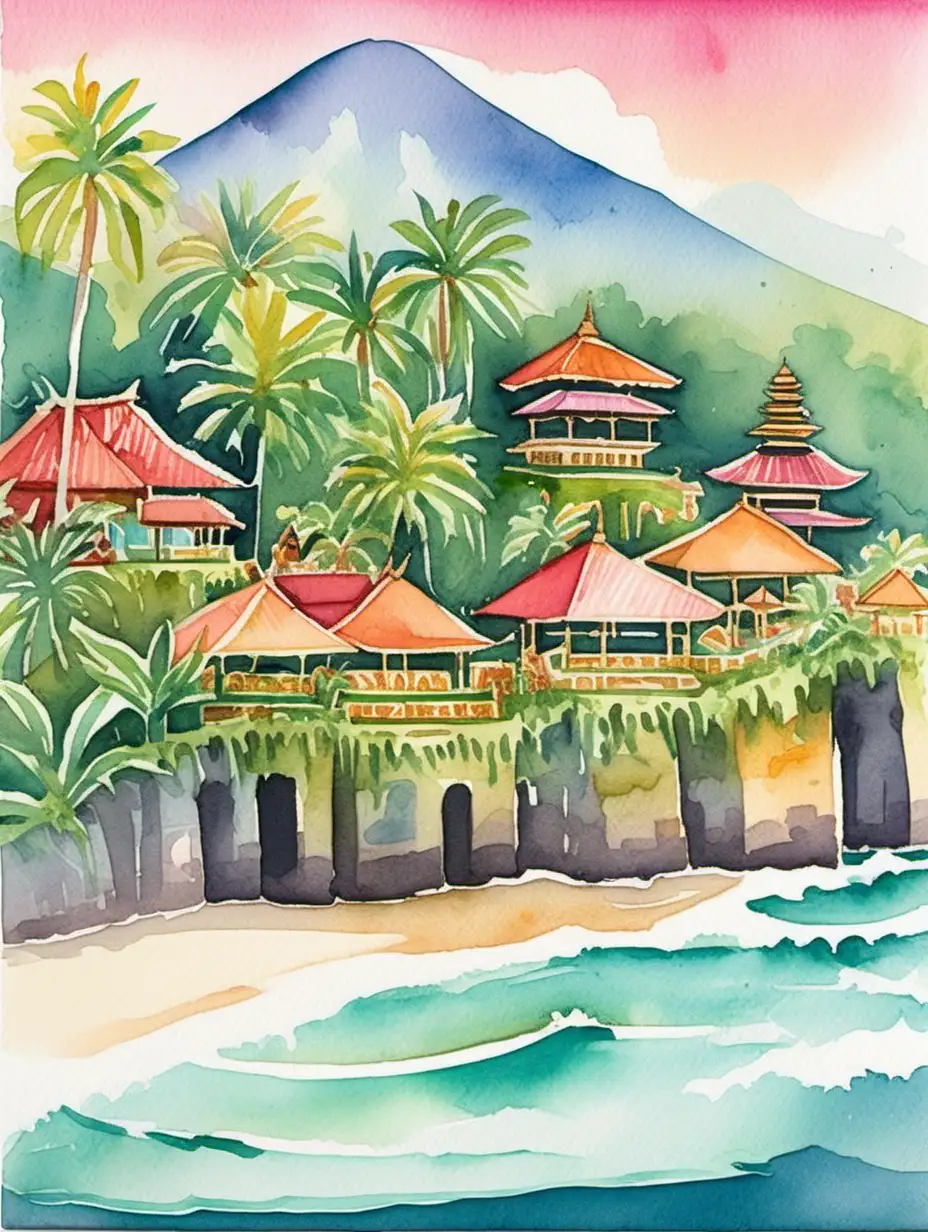 a watercolor painting of a postcard from Bali in bright pastel colors