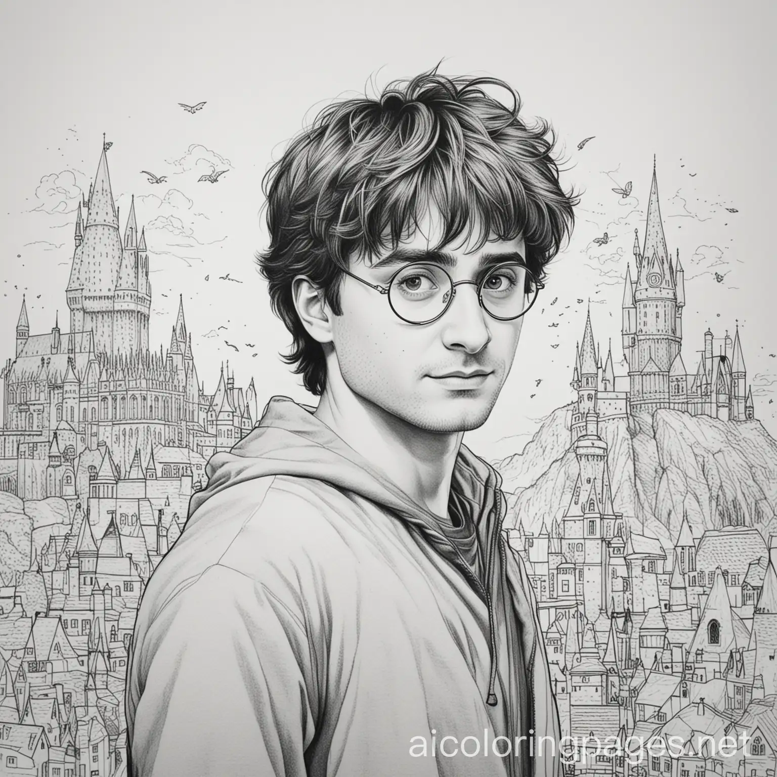 harry potter , Coloring Page, black and white, line art, white background, Simplicity, Ample White Space. The background of the coloring page is plain white to make it easy for young children to color within the lines. The outlines of all the subjects are easy to distinguish, making it simple for kids to color without too much difficulty