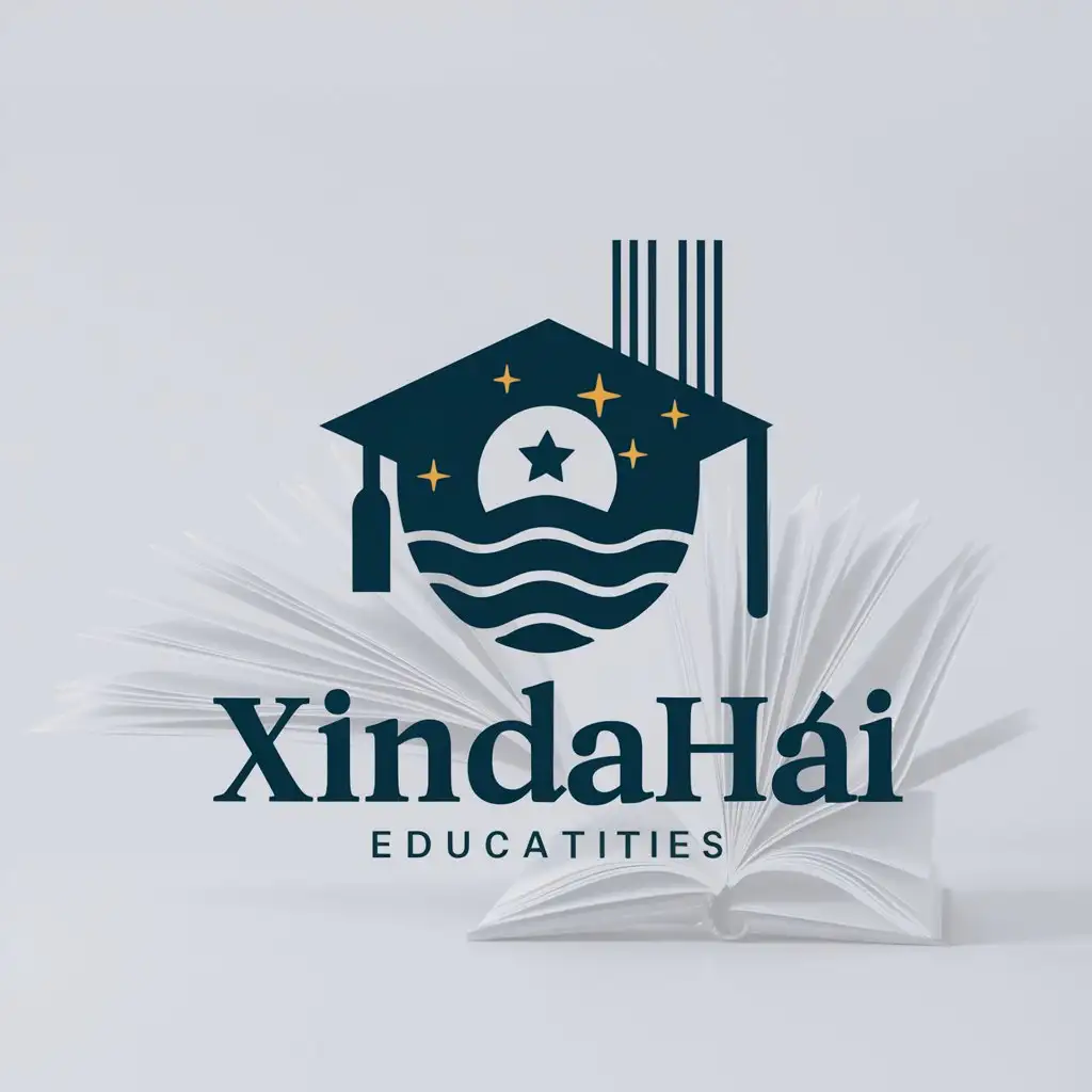 a logo design,with the text "Xindahai", main symbol: Mortarboard, big sea, starlight, book,Moderate,be used in Education industry,clear background