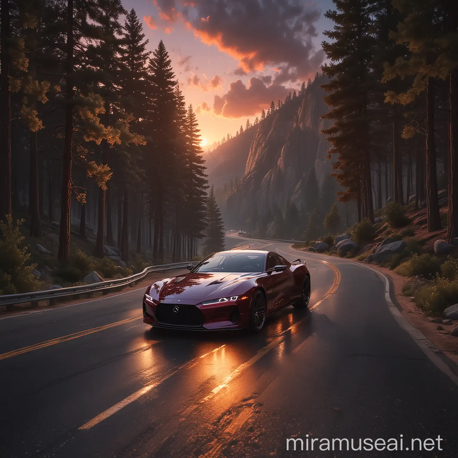 Create an AI-generated artwork featuring a sleek, modern sports car speeding down a winding mountain road at dusk. The car's headlights pierce the encroaching twilight, casting beams of light on the asphalt and illuminating the curves ahead. The surrounding mountains loom majestically, their silhouettes dark against the vibrant colors of the setting sun. The sky above transitions from deep oranges and reds to the first hints of nightfall, with stars beginning to twinkle faintly. In the foreground, tall pine trees line the road, their branches swaying gently in the cool evening breeze. The scene should capture the thrill of the drive, the power and elegance of the car, and the serene beauty of the natural landscape as day turns to night.