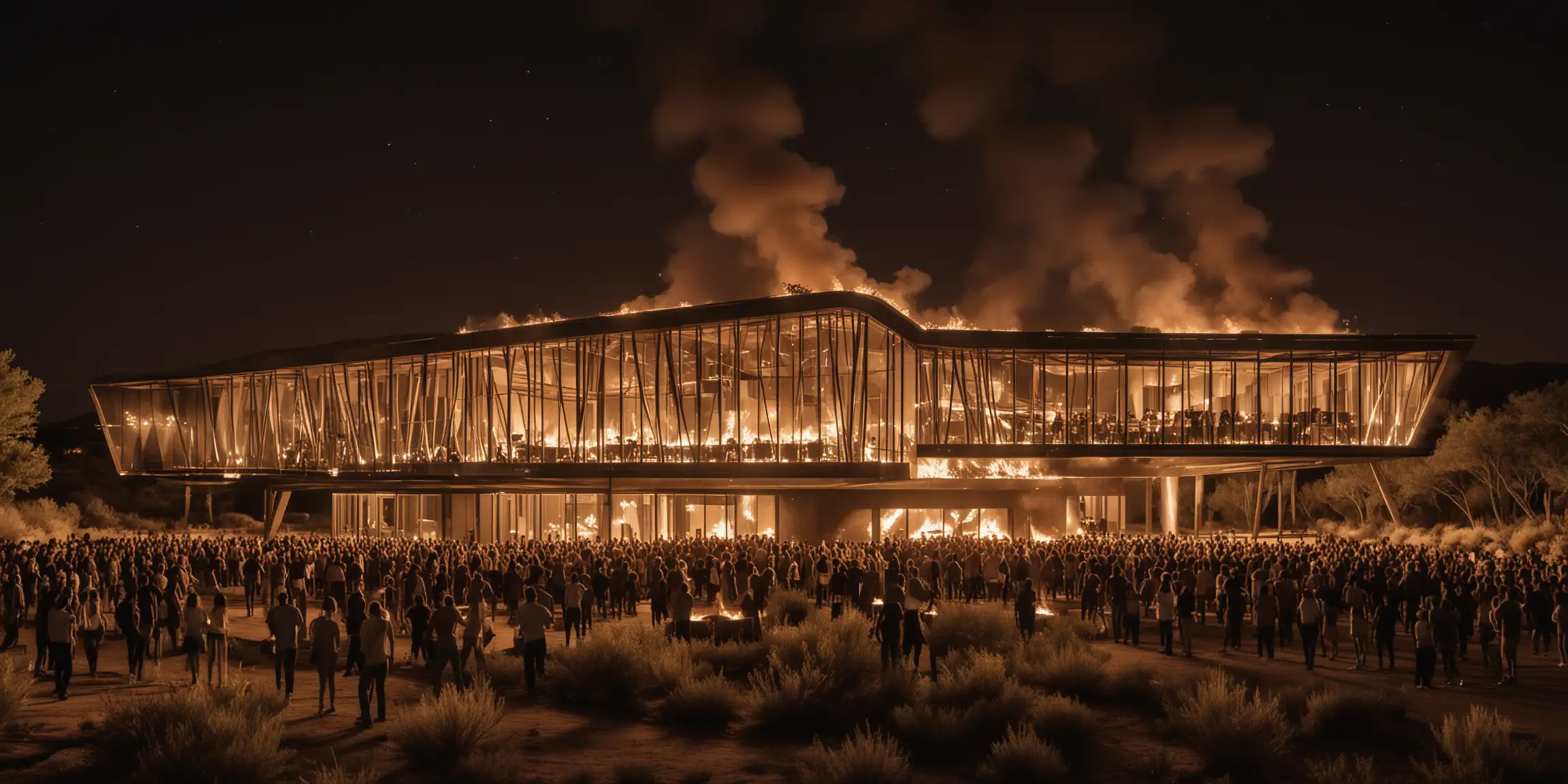 SAOTA modern architecture inspired Afrika Burn structure, on fire, a lot of people dancing around, at night, in the Karoo 