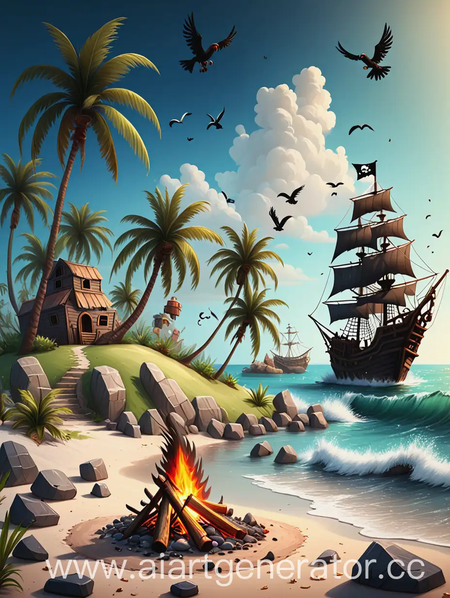 the shore of the island with a bonfire, palm trees and stones, next to a pirate ship in the sea waves and birds around
