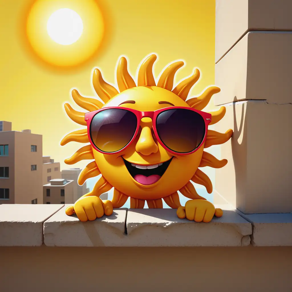 cartoon drawing of a sunshine wearing sunglasses with arms. peeking over a ledge