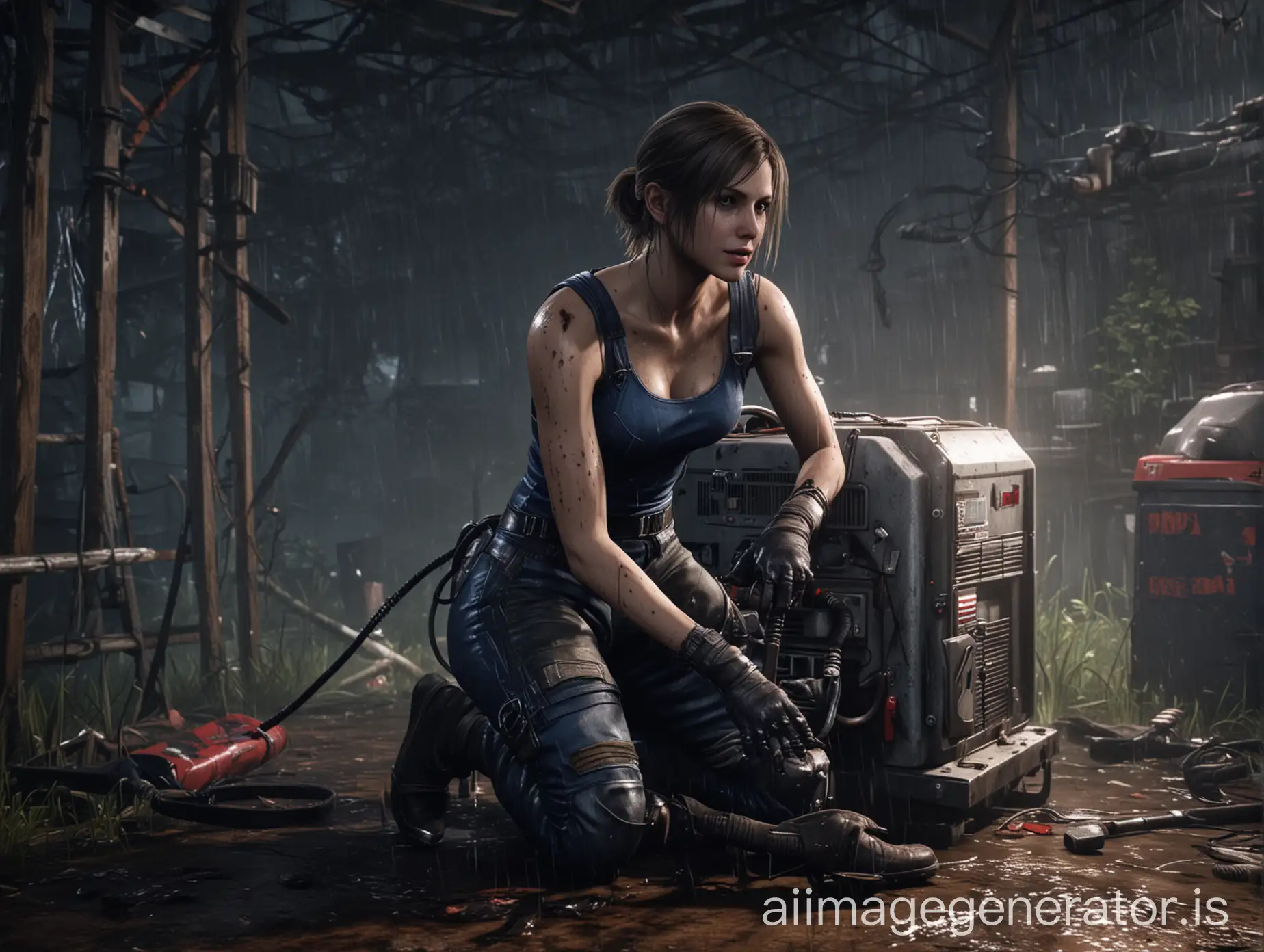 Jill Valentine repairing a generator in Dead by Daylight, Coldwind Farm, wearing her Resident Evil 3 outfit, rain