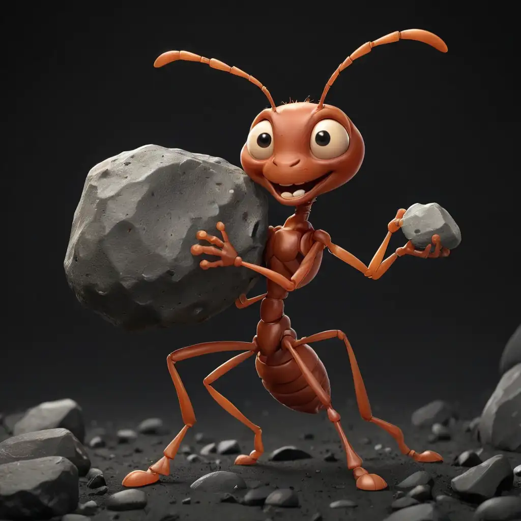 мультяшные муравей тащат на себе камень на черном фоне 