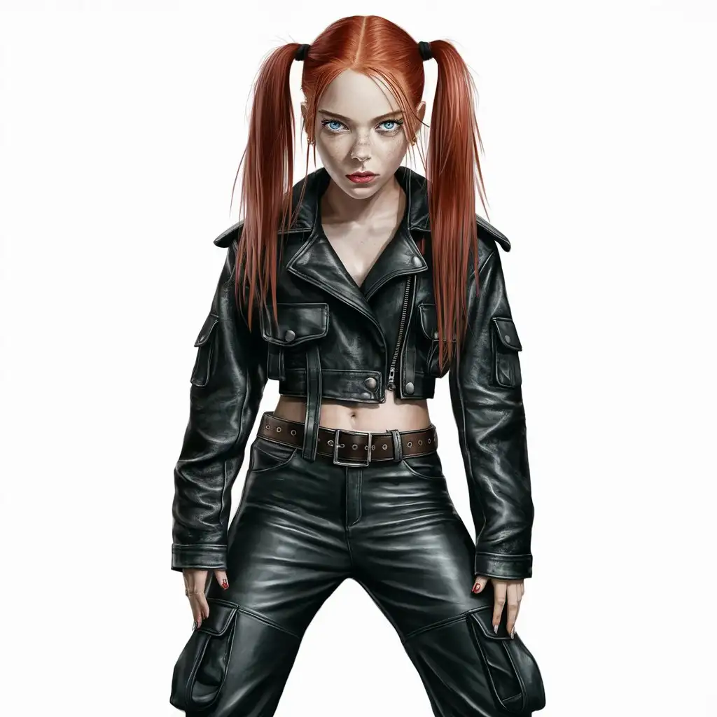 young redhead woman, ponytails, blue eyes, leather pants, leather jacket