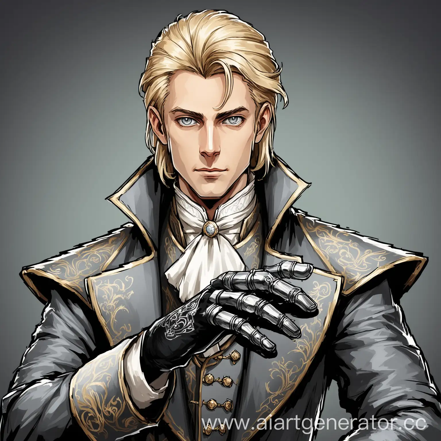 Make a portrait of an aristocrat with a metal hand on his right hand. He looks 30 years old. He is also drawn, but as if in the style of an avatar from D&D and beautifully. Also add black gloves. Make a few more hand gestures. He's wearing a coat. He has big gray eyes, blond hair and a hairstyle to the right