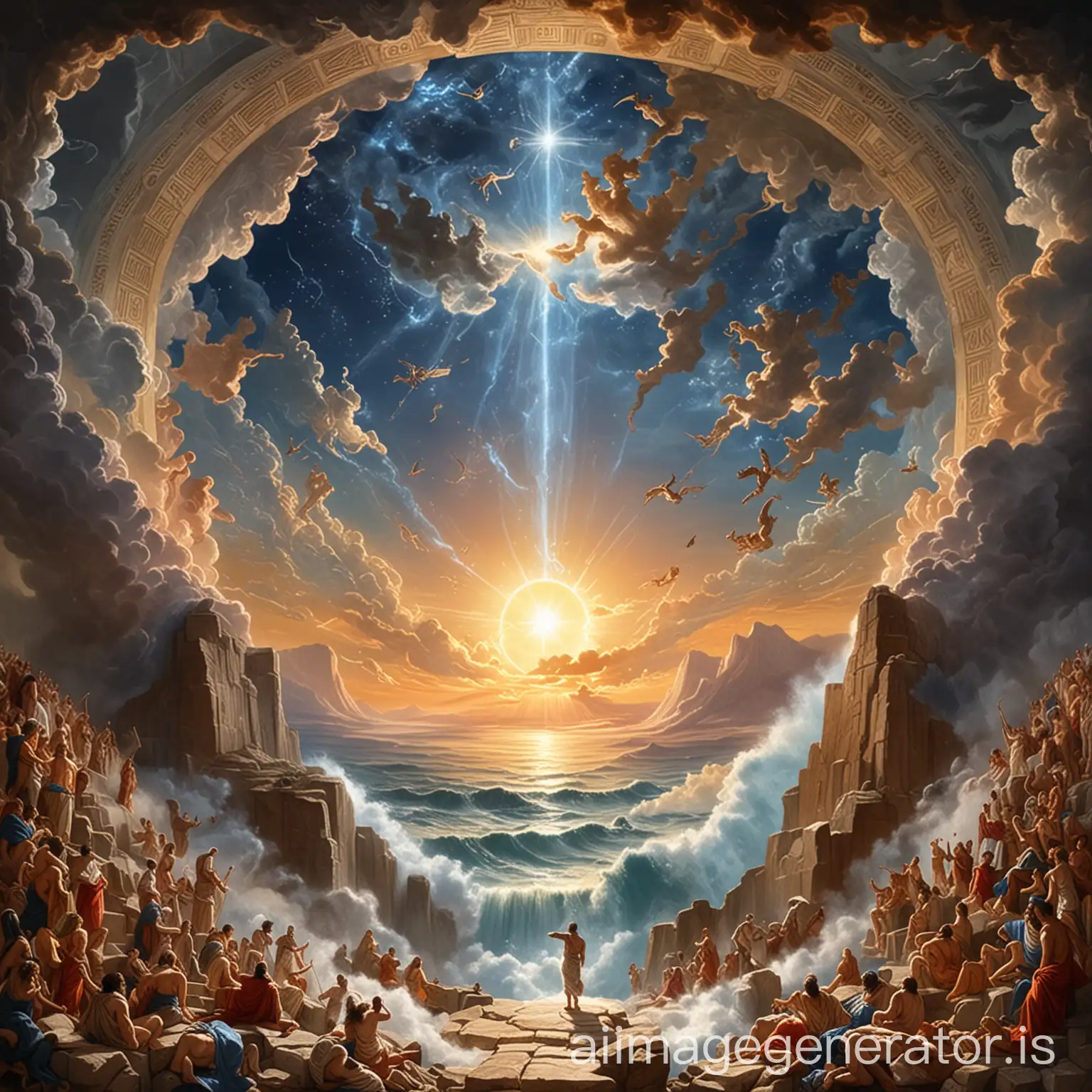 In the beginning, God created the heavens and the earth according to the Bible and Greek-Roman mythology. Draw the background picture.