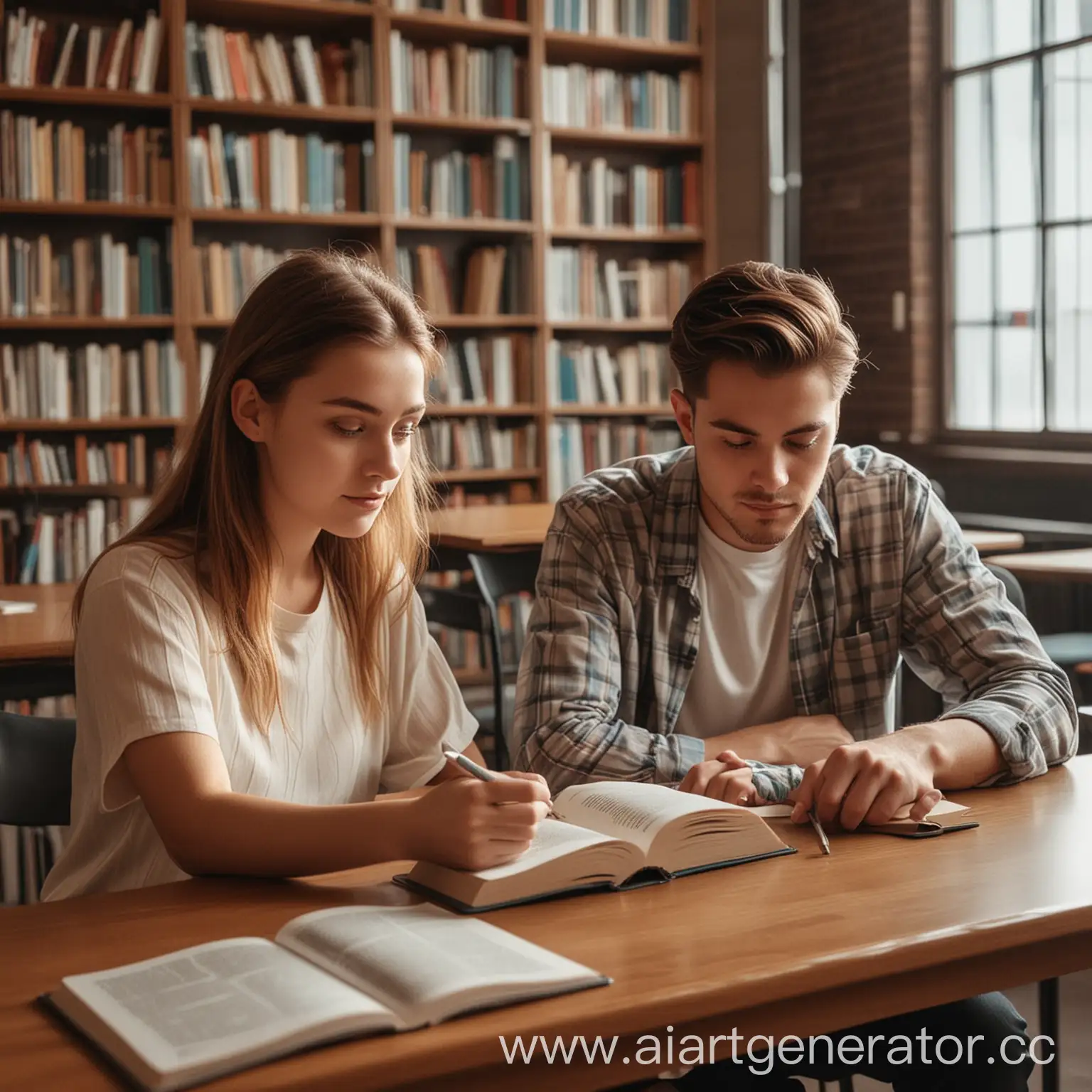 a girl and a guy reading a book at a table in the library sitting opposite each other