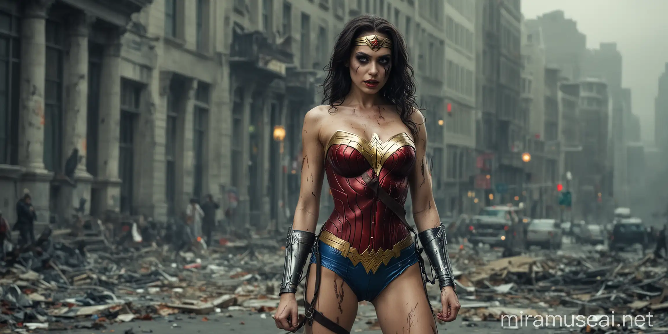 Seductive Zombie Wonder Woman Strolling Through Urban Landscape