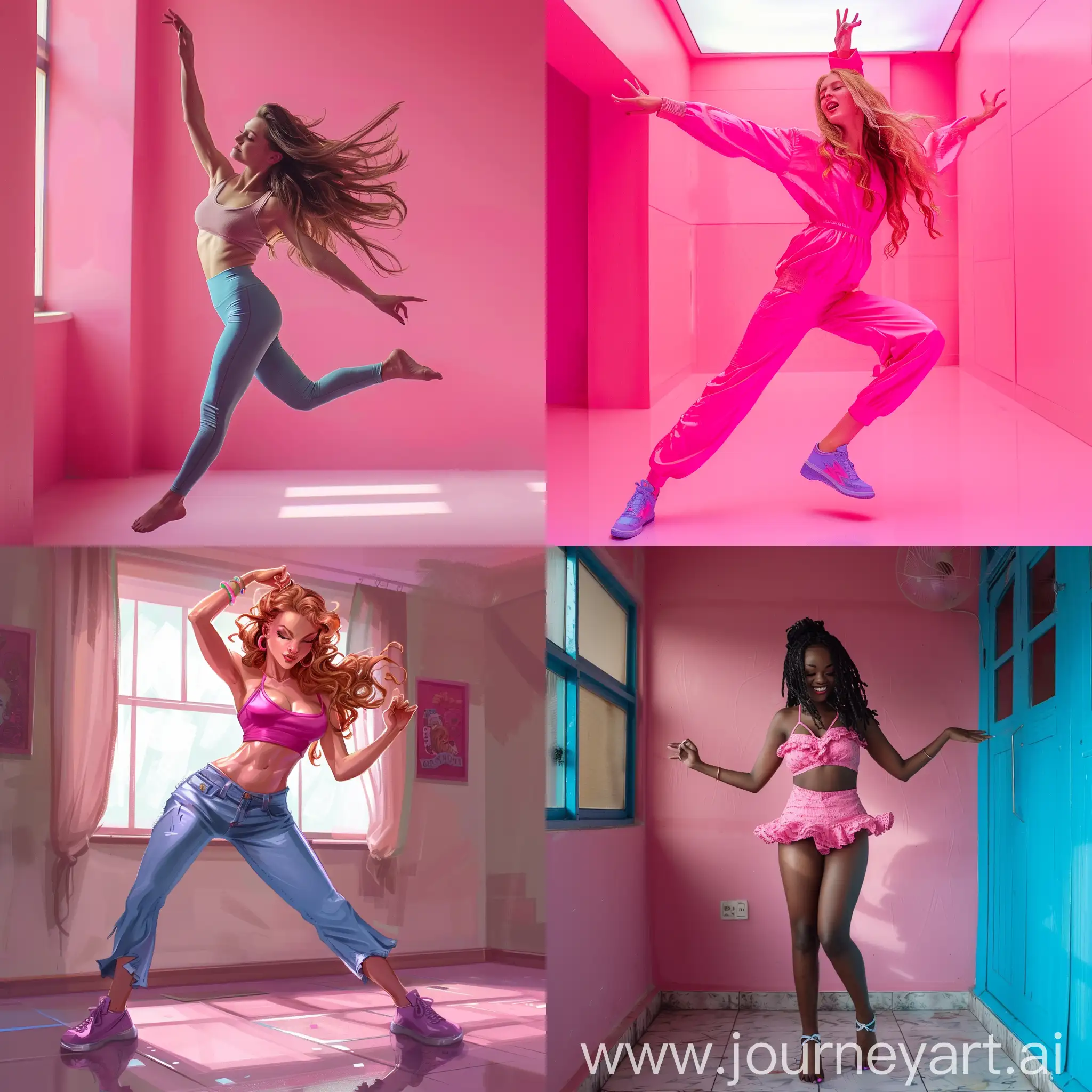 Elegant-Woman-Dancing-in-a-Vibrant-Pink-Room-with-Big-Blue-Eyes