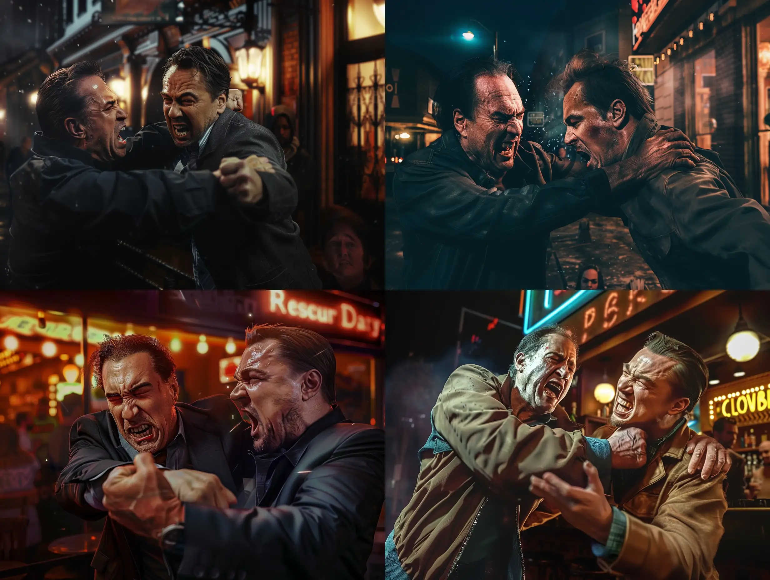 Nicolas Cage angrily punching a scared Leonardo Dicaprio outside a bar at night, ultrarealistic, cinematic, cinematic lighting
