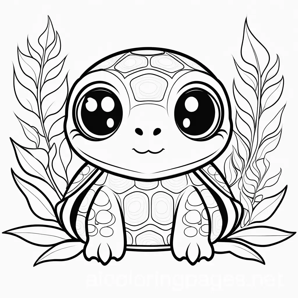 cute big eyed turtle with leaves background, Coloring Page, black and white, line art, white background, Simplicity, Ample White Space. The background of the coloring page is plain white to make it easy for young children to color within the lines. The outlines of all the subjects are easy to distinguish, making it simple for kids to color without too much difficulty