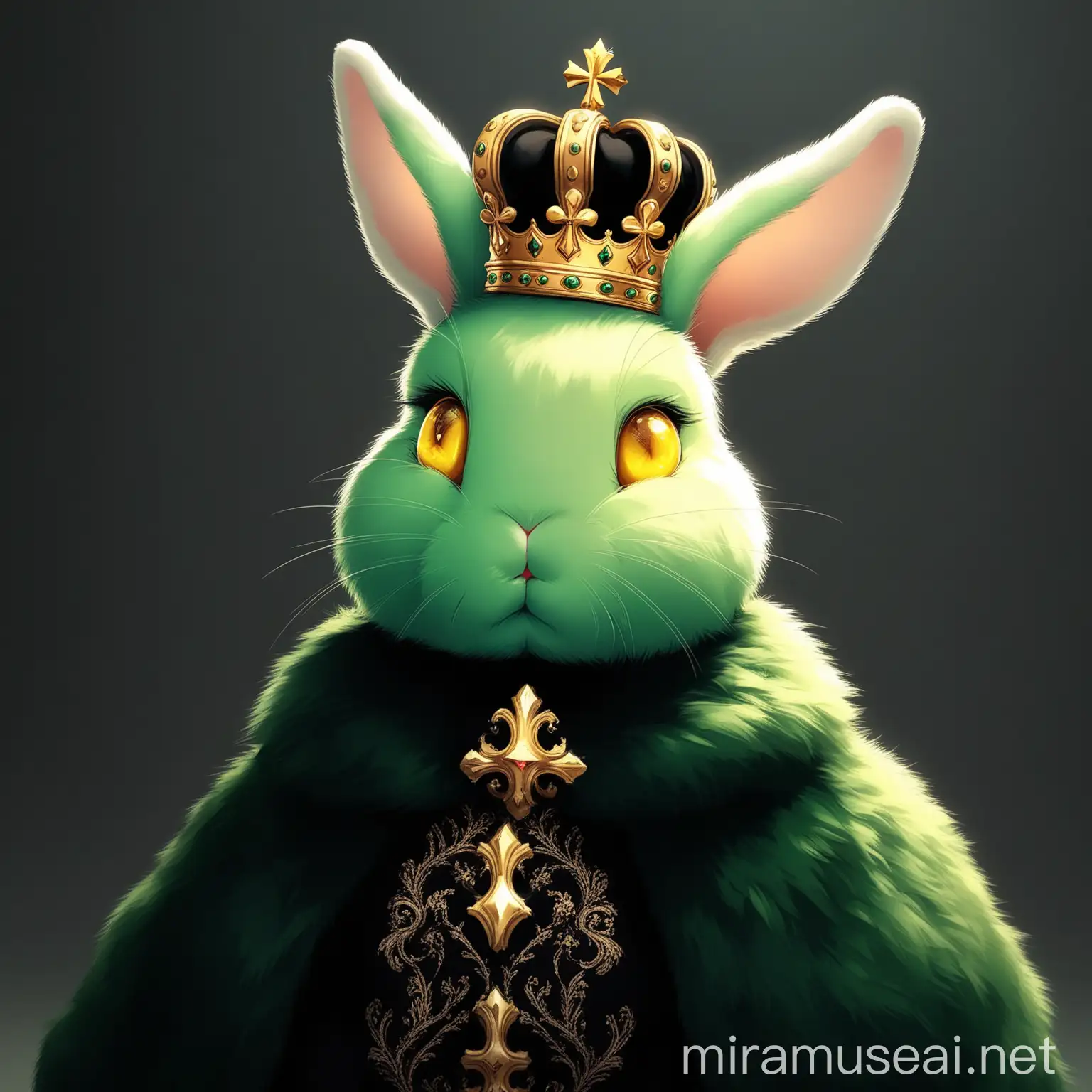 a yellow eyes rabbit, the rabbit has green fur allover its body and it wears a black gown, A small crown on its head.