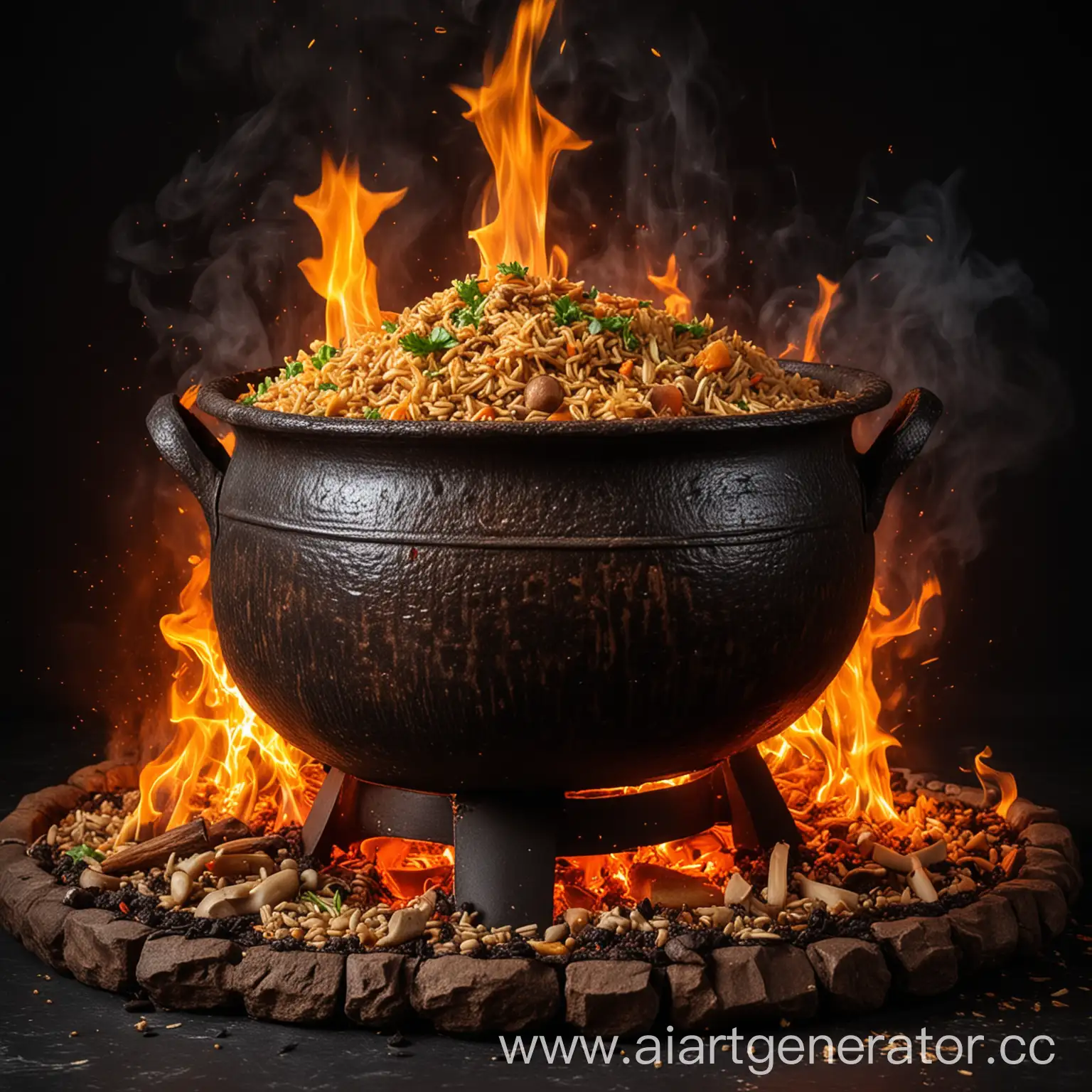 Uzbek-Pilaf-Cooking-in-Flaming-Cauldron-Traditional-Cuisine-Photography