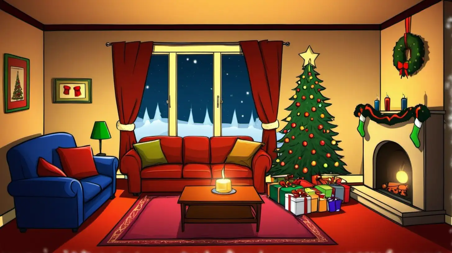 Cartoon Living Room Christmas Eve Celebration with Festive Decor