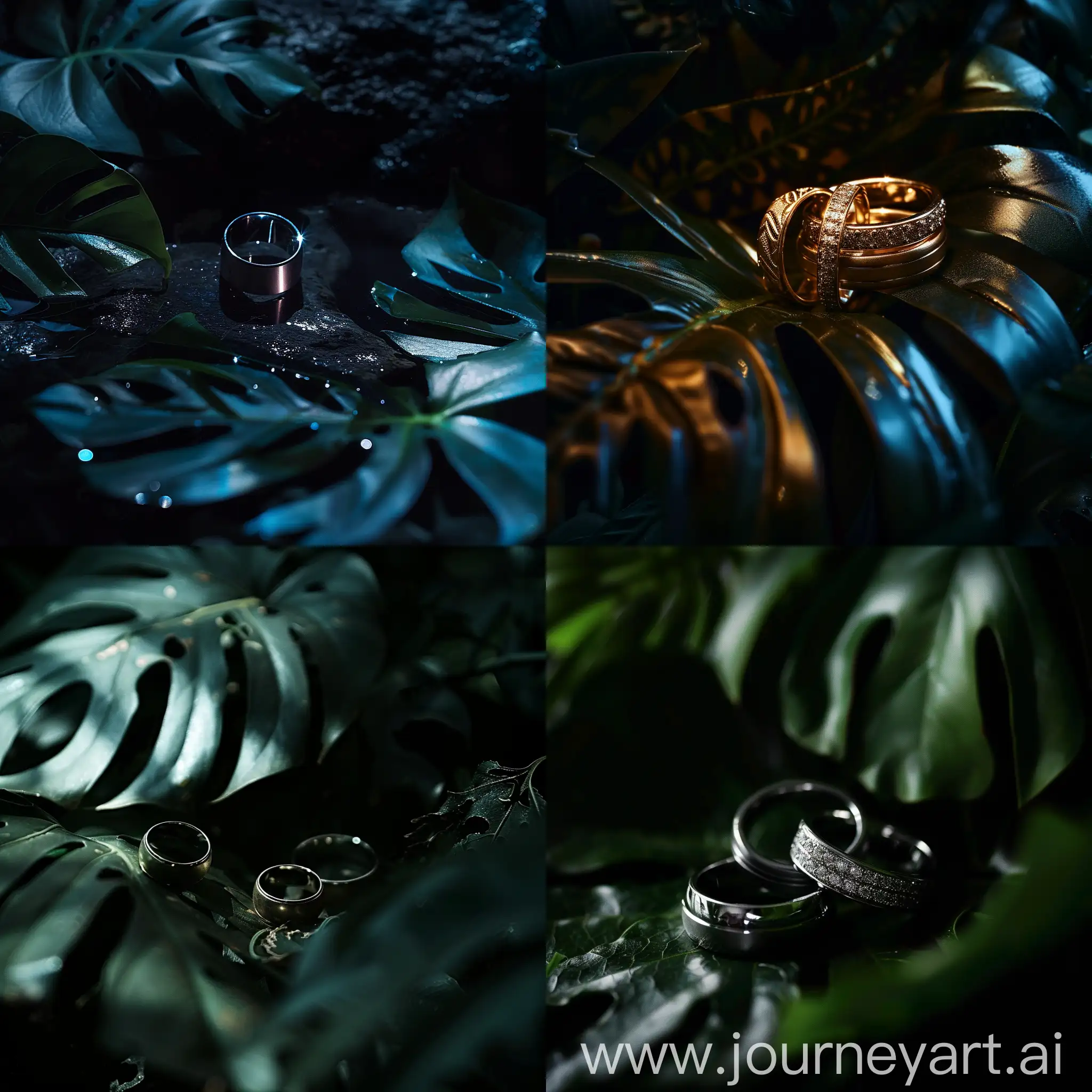 multiple ring commercial ads , with a dark atmosphere , with some leavs of monstera