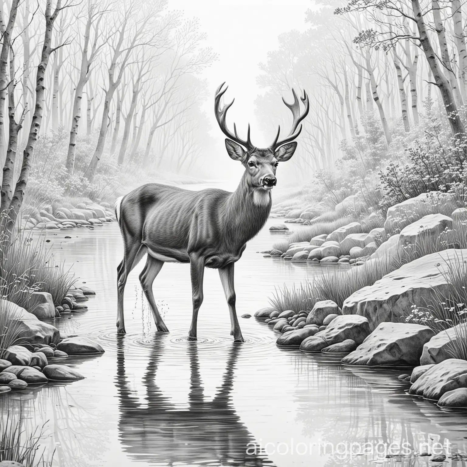 picture of deer drinking water at brook
, Coloring Page, black and white, line art, white background, Simplicity, Ample White Space. The background of the coloring page is plain white to make it easy for young children to color within the lines. The outlines of all the subjects are easy to distinguish, making it simple for kids to color without too much difficulty