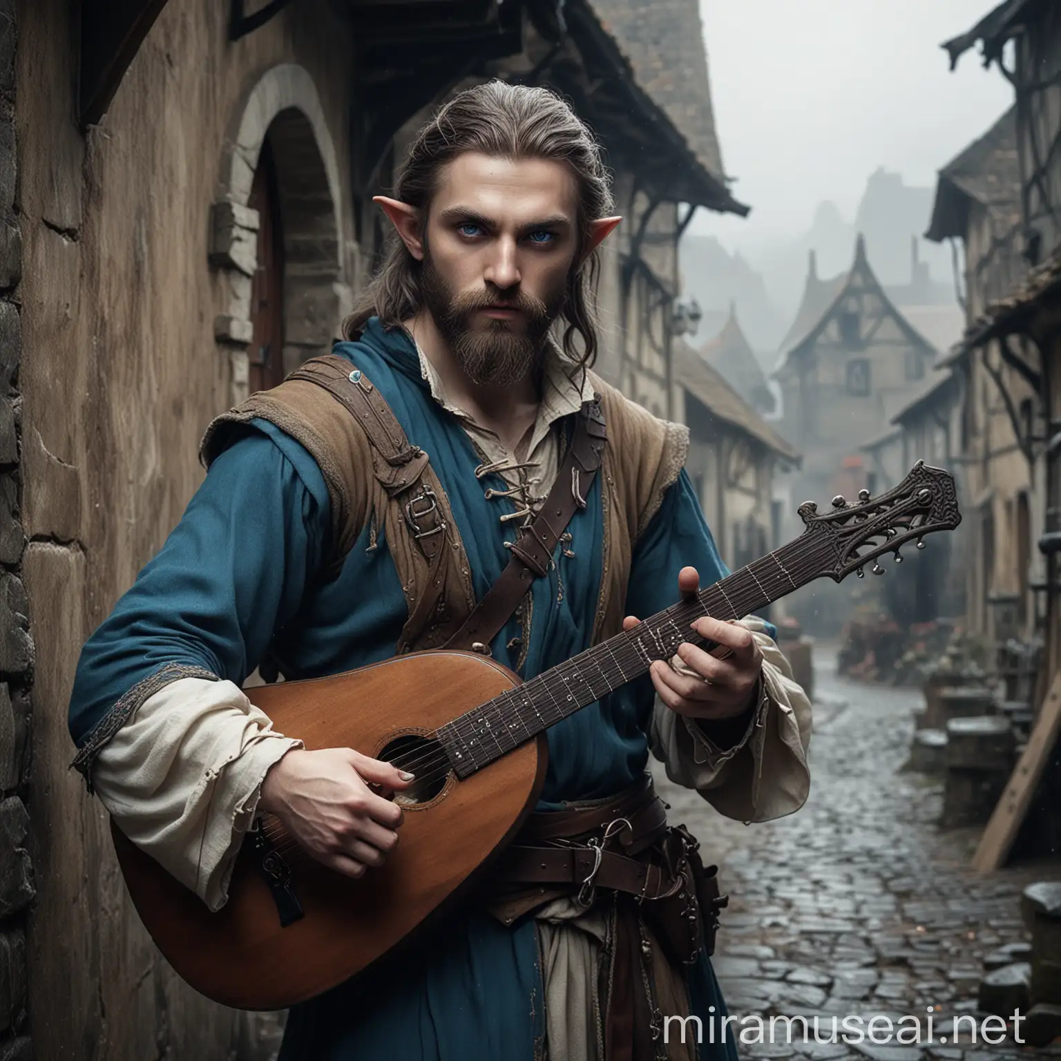 fantasy setting, a blue eyed bearded half elf bard, with a sword on the back, playing a lute in a gloomy medieval village
