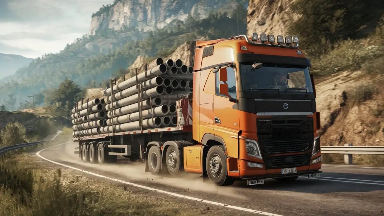 video game screenshot showing a Orange European truck driving on a road, transporting Building Concrete Pipes delivery in its trailer, set in a natural environment.
