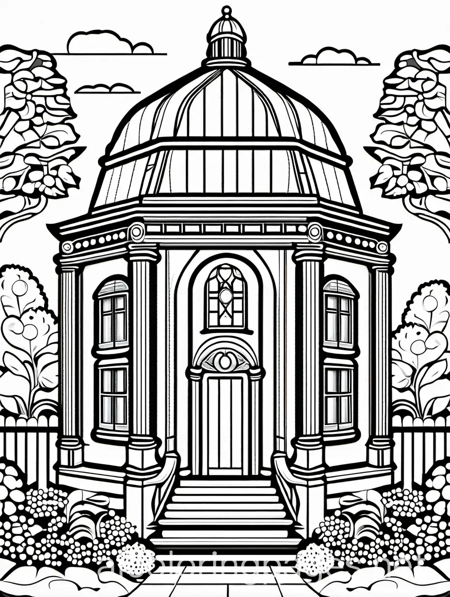 octagonal building with stained glass windows and a garden, Coloring Page, black and white, line art, white background, Simplicity, Ample White Space. The background of the coloring page is plain white to make it easy for young children to color within the lines. The outlines of all the subjects are easy to distinguish, making it simple for kids to color without too much difficulty
