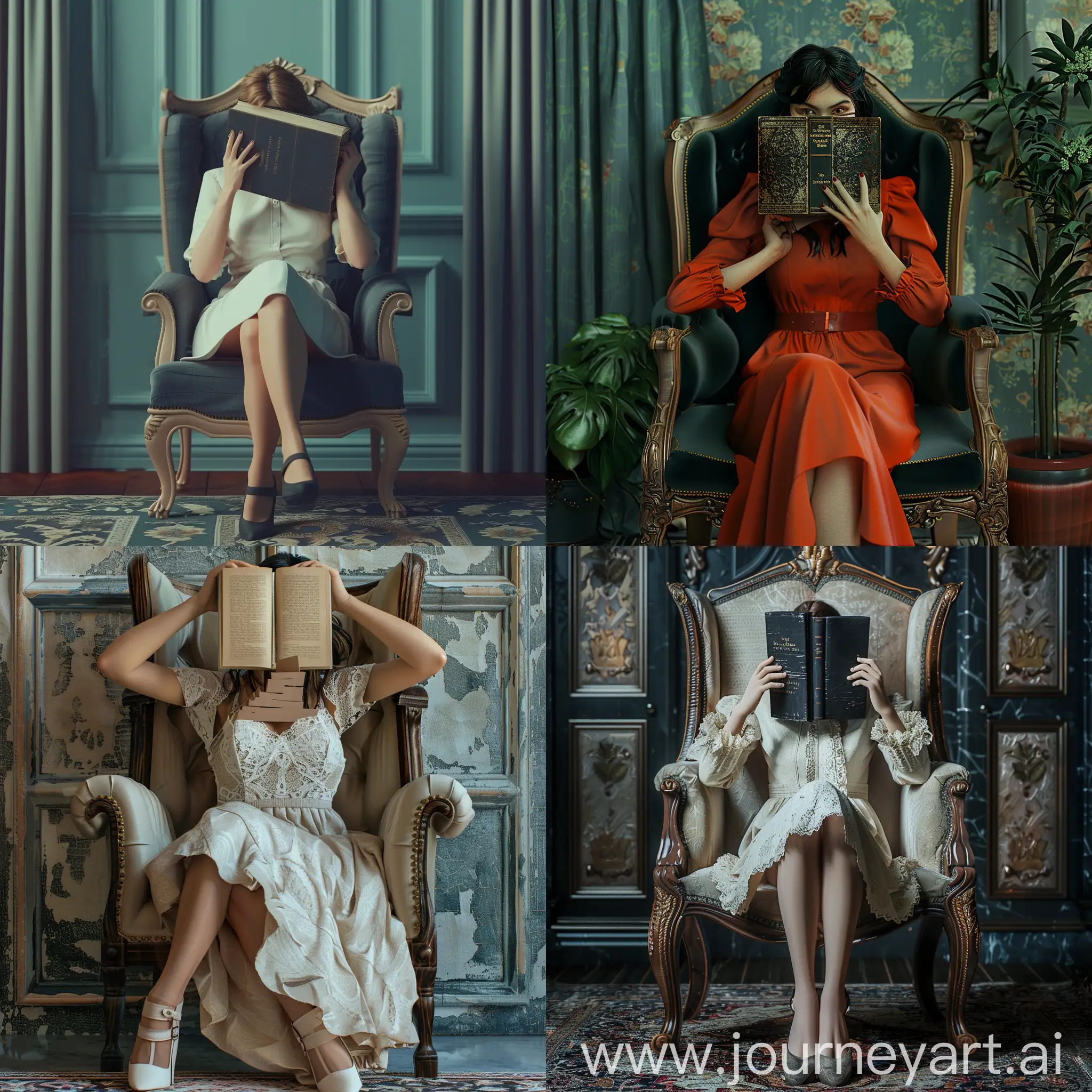 create me a 2d beautiful
 librarian woman sitting in a chair with a book covering her face