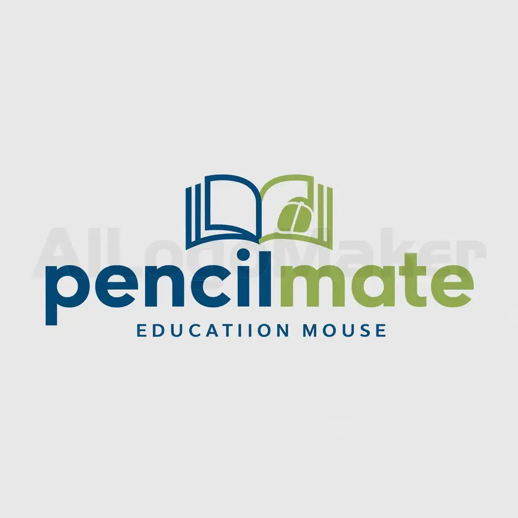 a logo design,with the text "Pencilmate", main symbol:an open book and computer mouse using the colors blue and green,Moderate,be used in Education industry,clear background