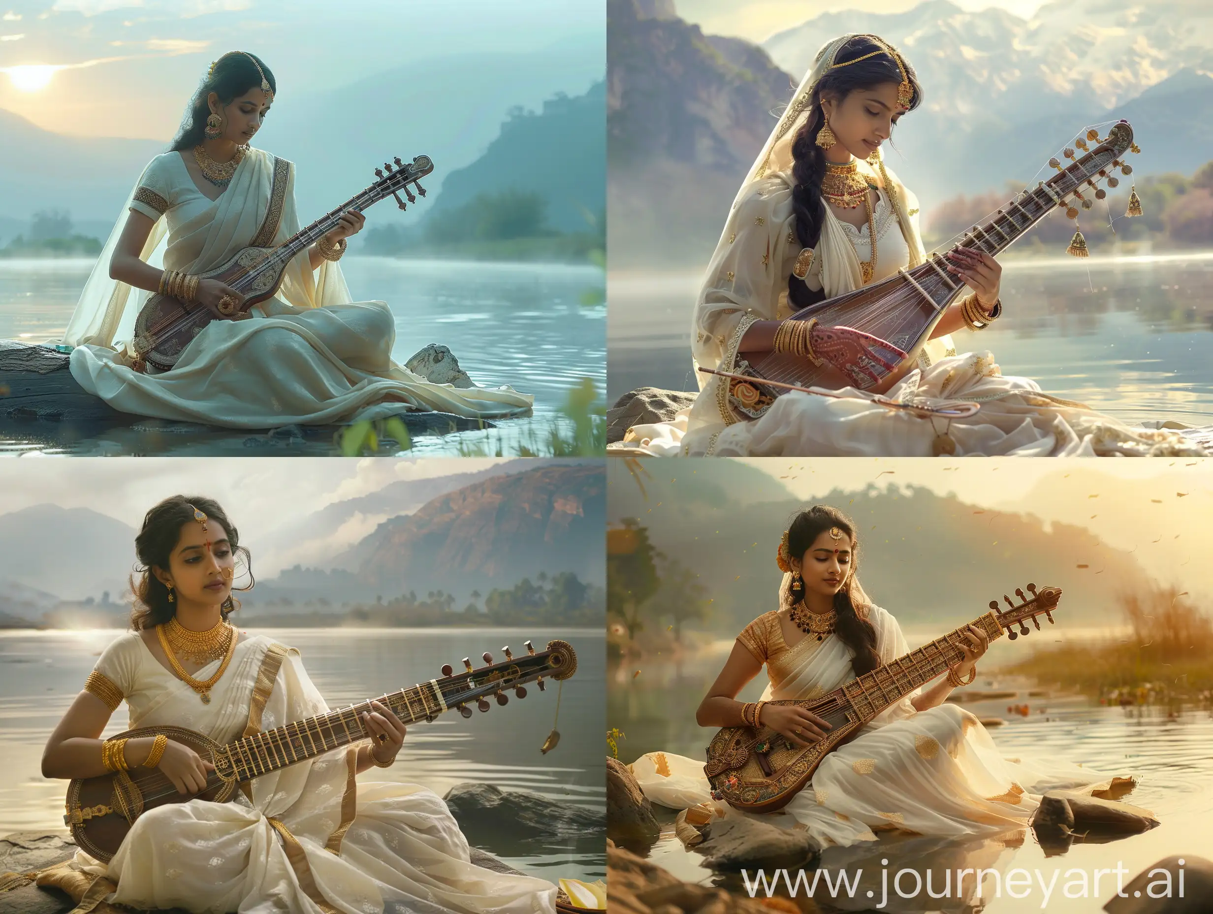a young lady dressed in white sari and beautiful gold ornaments playing sitar in a meditative state, saffron midst of early morning, riverside, mountains in background, cinematic from a distance, breathtaking surreal visualization