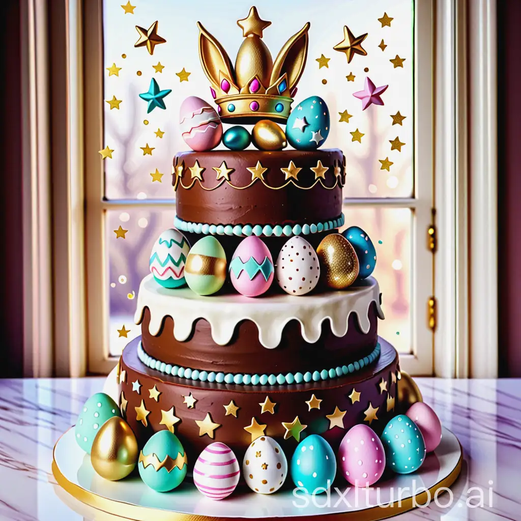 Easter cake 3 tiers, beautiful, figures on it rabbits, stars, multicolored eggs, on top a crown, hyper detailing, drawing of details with gold alcohol markers diamond painting 64MP high resolution quality 125k