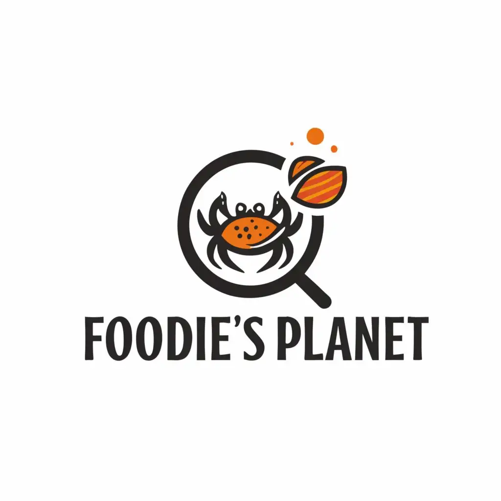 a logo design,with the text "Foodie‘sPlanet", main symbol:Magnifying glass, roasted crab,Minimalistic,clear background