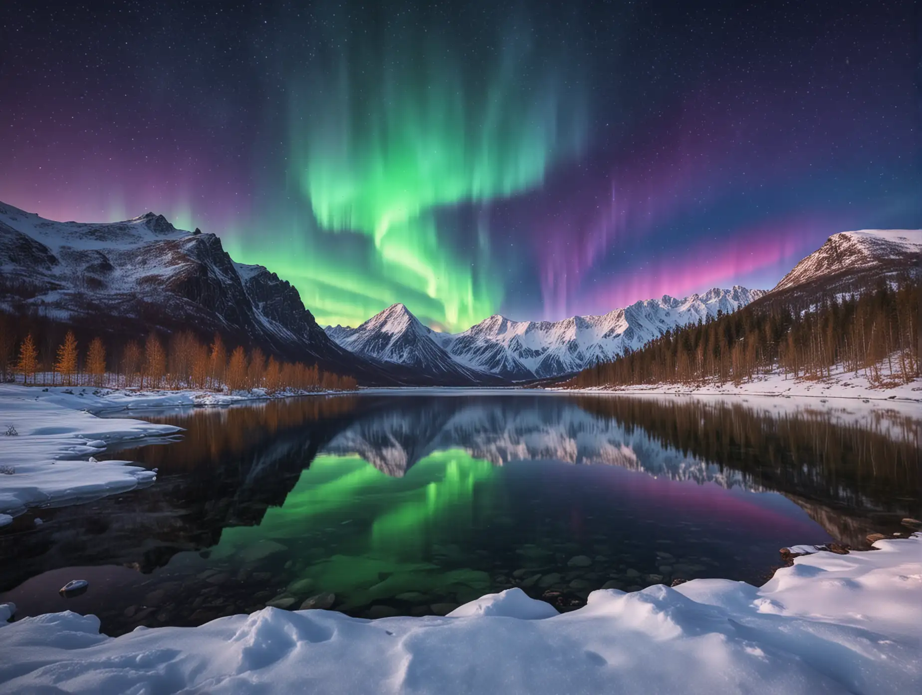 Beautiful colorful aurora borealis over the snow-capped mountains and lake