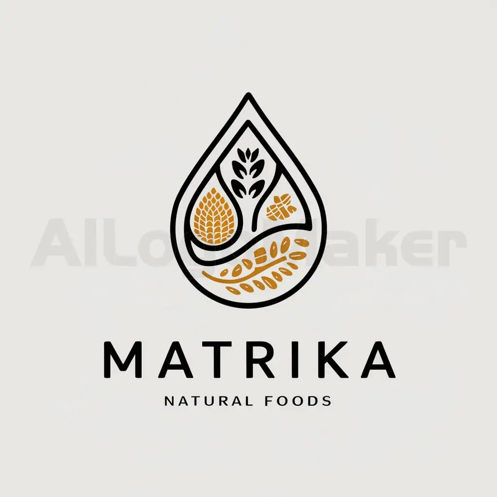 a logo design,with the text "Matrika natural foods", main symbol:represents oil and also like grains and its flour and pulses,complex,be used in Retail industry,clear background