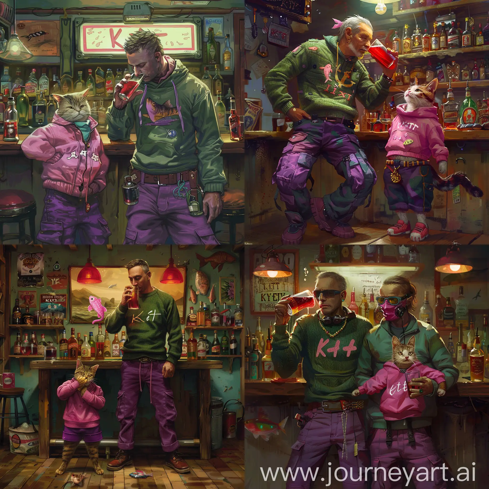A man with a cat the clothes cat are pink fish and kitti the clothes man are green sweater and purple cargo and the man drinka a alkol the color alkol is red in the bar, And write the name kitty on the cat's clothes.