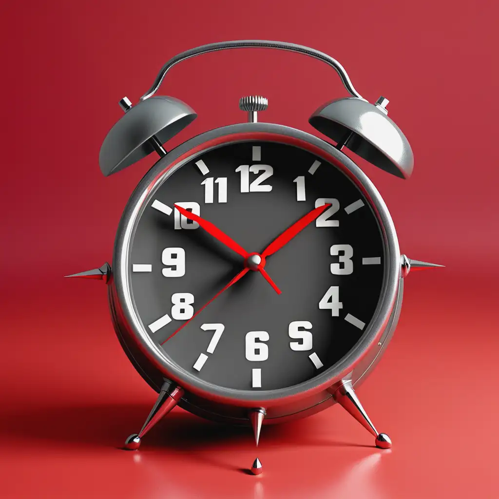 an alarm clock with metal spikes attached to its outer casing, set against a plain red background. This alteration of the alarm clock makes it visually striking and could suggest a concept of urgency or the discomfort of waking up. It’s interesting because it takes a common object and adds an unexpected element that changes its character and the way one would interact with it.