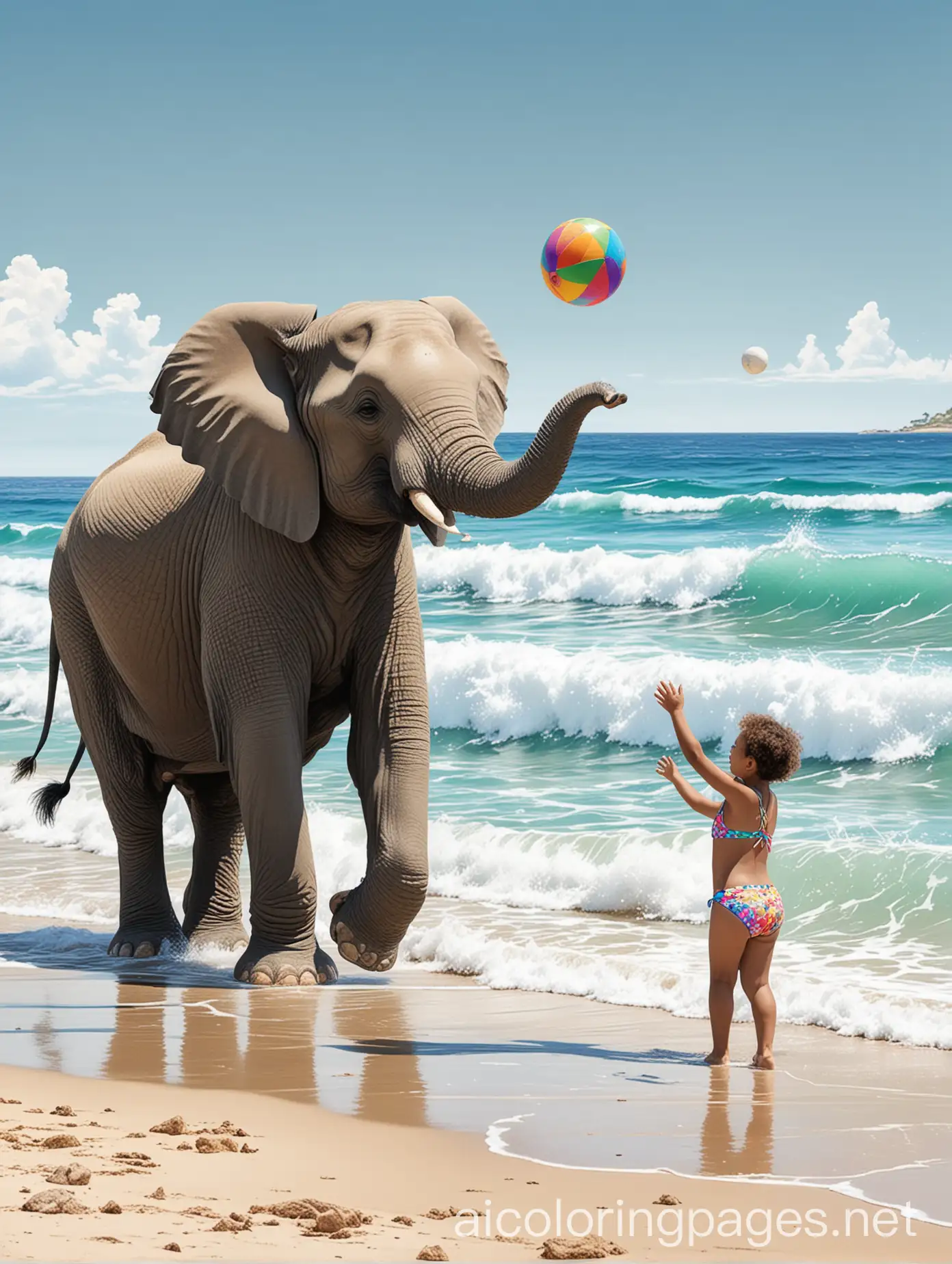  "A joyful scene at the beach where a child is playing with a ball alongside a friendly elephant. The child, dressed in a colorful swimsuit, throws the ball towards the elephant, who eagerly reaches out with its trunk. The calm blue ocean waves gently roll in the background under a bright, clear sky, adding a sense of tranquility to this playful moment.", Coloring Page, black and white, line art, white background, Simplicity, Ample White Space. The background of the coloring page is plain white to make it easy for young children to color within the lines. The outlines of all the subjects are easy to distinguish, making it simple for kids to color without too much difficulty