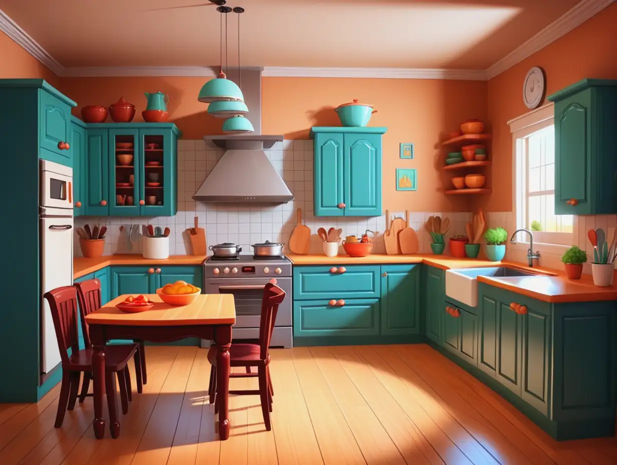 Cartoon Kitchen Scene with Vibrant Colors and Cheerful Ambiance
