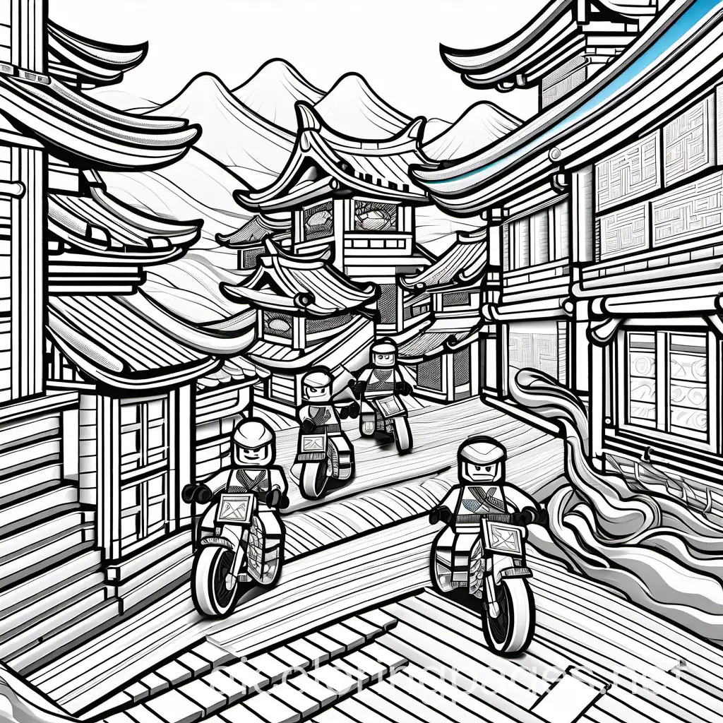 lego ninjago lloyd, kai and arin riding dragons together over ninjago city, Coloring Page, black and white, line art, white background, Simplicity, Ample White Space. The background of the coloring page is plain white to make it easy for young children to color within the lines. The outlines of all the subjects are easy to distinguish, making it simple for kids to color without too much difficulty
