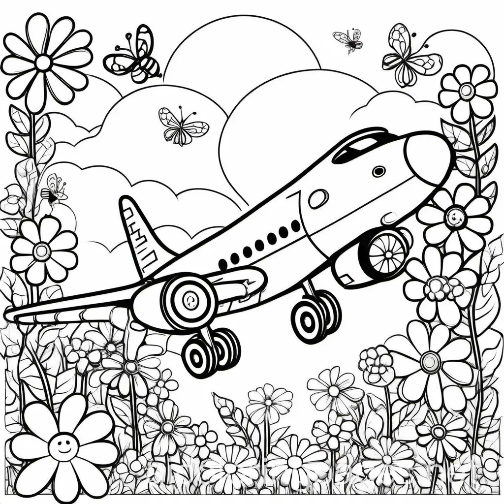 Cheerful-Airplane-and-Flower-Garden-Coloring-Page-for-Kids