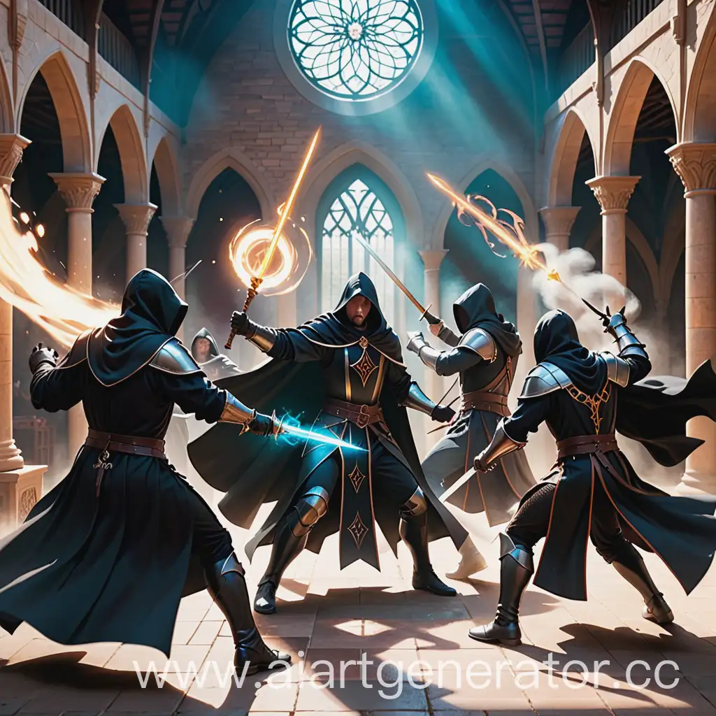 War of the magicians, 4 mages in black cloaks fight against two knights