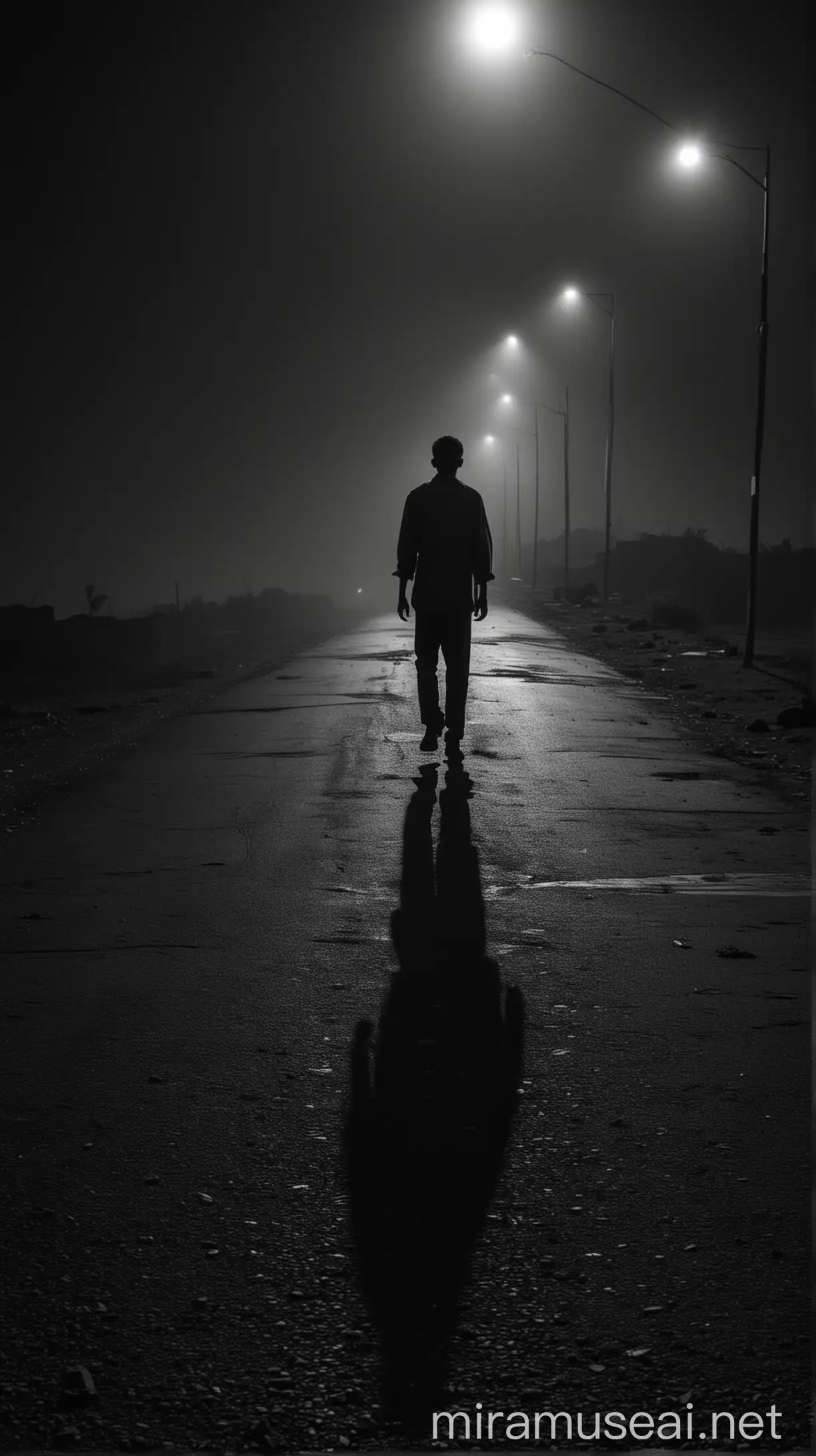  A dark and eerie night with a long, deserted road stretching into the distance. Sparse, dim streetlights cast long shadows, and a single figure, Vishal, walks alone, surrounded by an ominous atmosphere.
