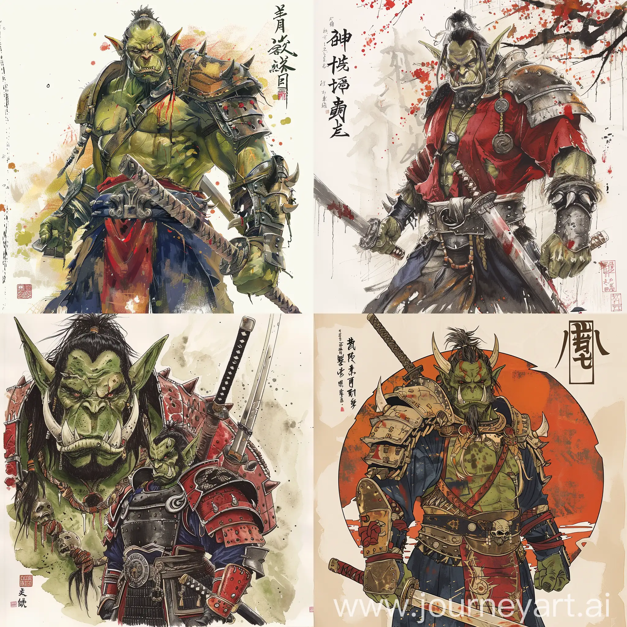 Draw me image in like style Yamato-e, draw me samurai blademaster orc from universe World of Warcraft