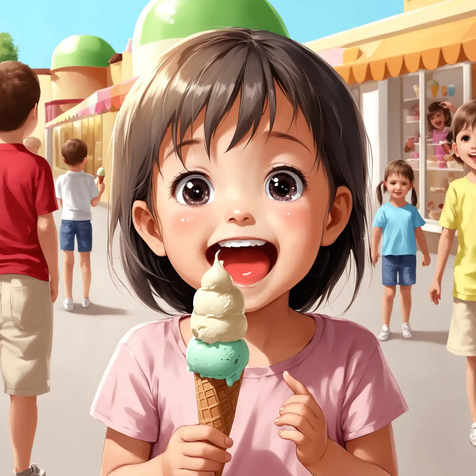 show a child happy with ice cream
