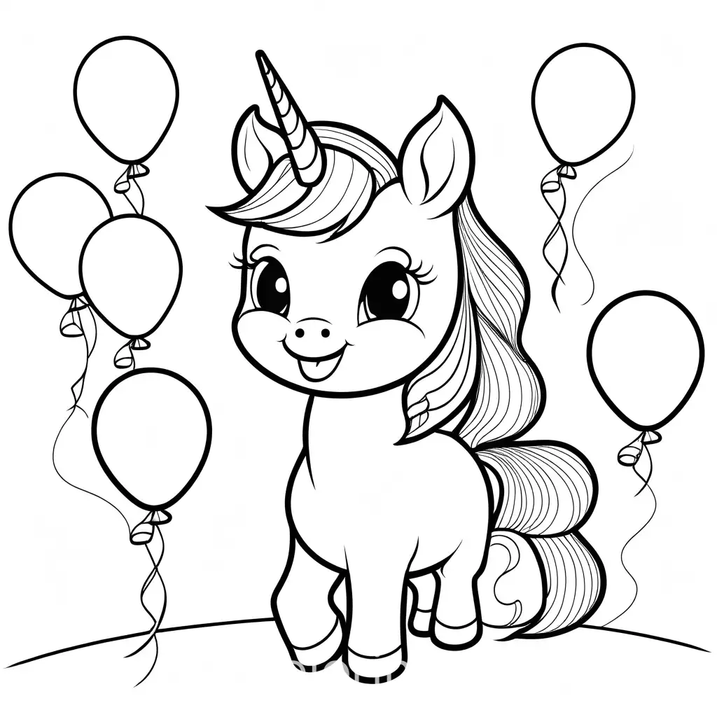 cute easy to color  unicorn, smiling , balloons, rainbow  Coloring Page, black and white, line art, white background, Simplicity, Ample White Space. The background of the coloring page is plain white to make it easy for young children to color within the lines. The outlines of all the subjects are easy to distinguish, making it simple for kids to color without too much difficulty , Coloring Page, black and white, line art, white background, Simplicity, Ample White Space. The background of the coloring page is plain white to make it easy for young children to color within the lines. The outlines of all the subjects are easy to distinguish, making it simple for kids to color without too much difficulty