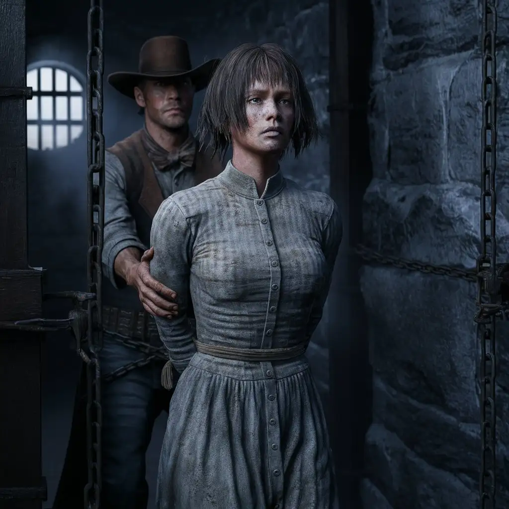 A female-prisoner (1800s, nape-lenght ragged bob hair) stand in a prisoncell (stone walls, small barred window) in dirty gray-white striped longsleeve club-collar buttoned dress, the woman holds her hands behind her back, a cowboy escort the woman and hold her arms, half-side view,